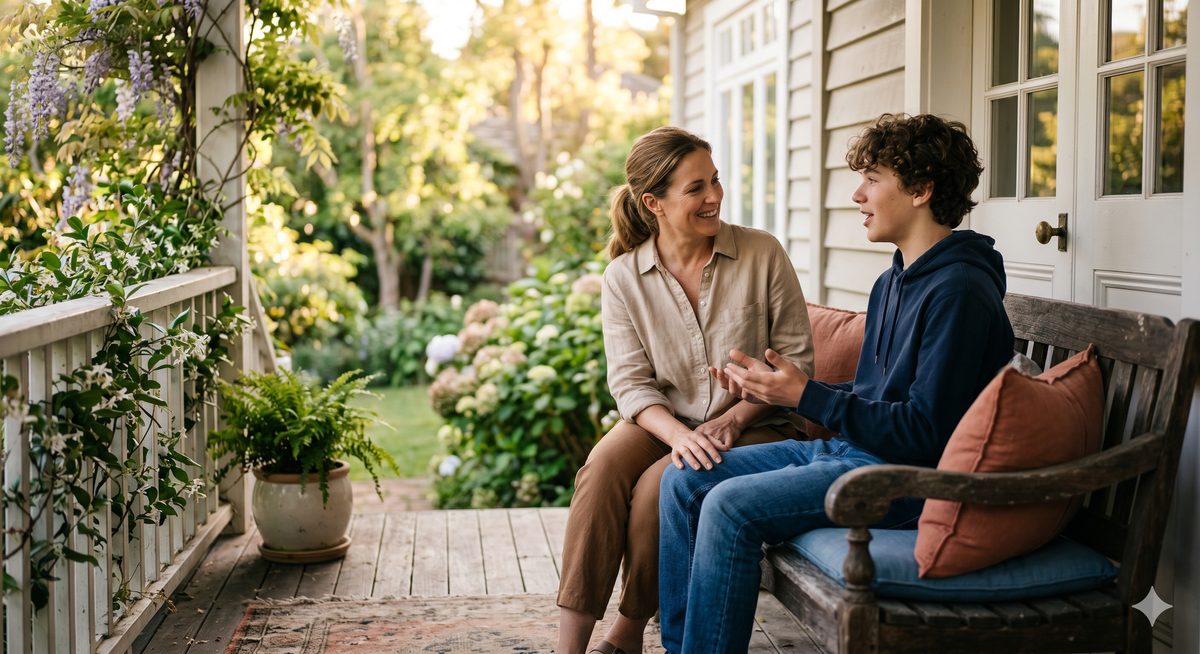 Parent and teen in conversation on a porch. Family therapy in Fairhope, Alabama.