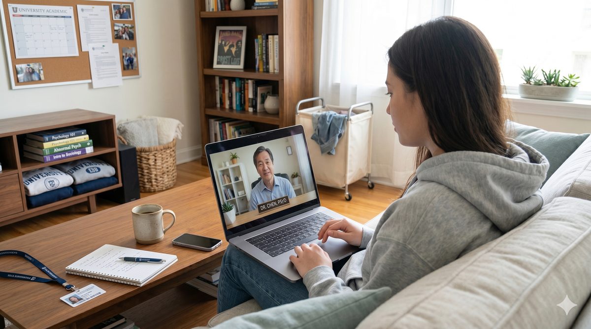 College student in an online telehealth therapy session from home